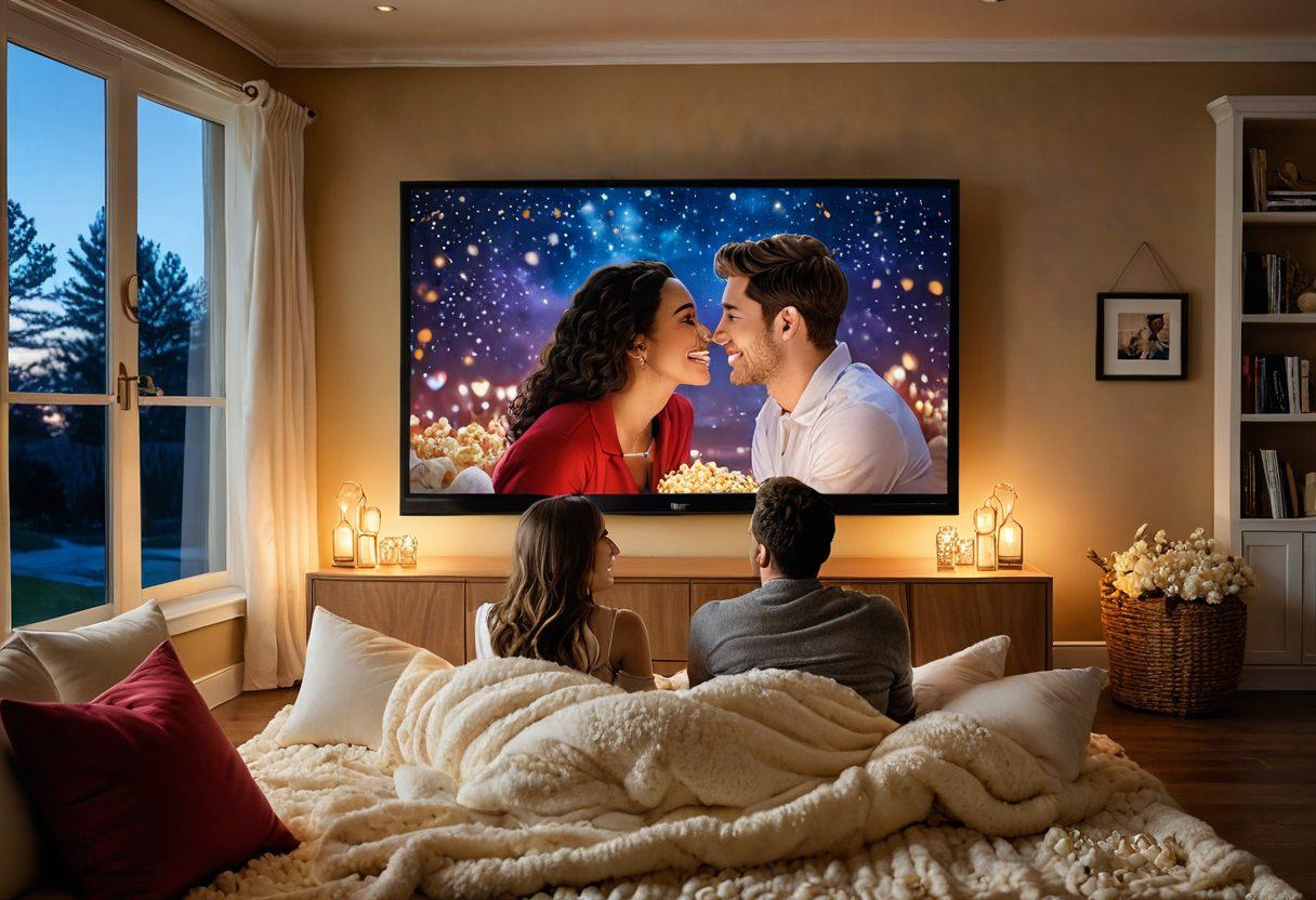 An enchanting television screen displaying a montage of diverse couples sharing passionate moments from various love stories, surrounded by a backdrop of cozy living rooms filled with warm lighting, popcorn, and a soft blanket. Add elements like hearts and stars floating around the screen to symbolize love and magic. Emphasize vibrant colors and an inviting atmosphere. super-realistic. warm colors. cozy setting.