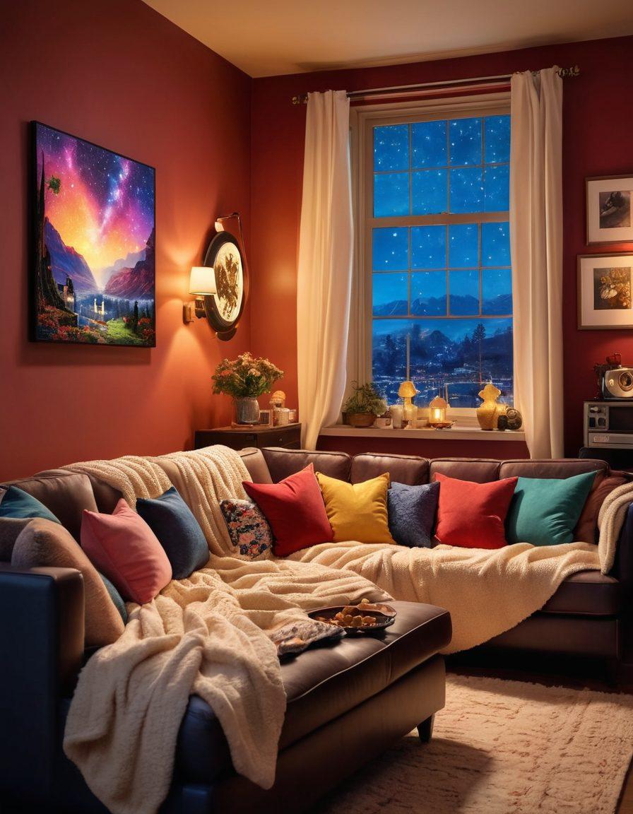 A cozy living room scene, with a couple snuggled on a couch, surrounded by romantic movie posters, popcorn bowls, and a soft blanket. In the background, a vintage television screen glows with an iconic love scene playing. Warm ambient lighting casts a dreamy atmosphere over the room. Include heart-shaped decorations and a window with a starry night view. super-realistic. vibrant colors. cozy ambiance.